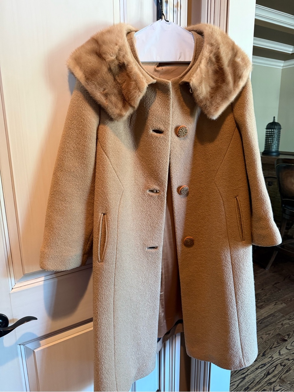 Vintage 1960s Wool Coat with Genuine Mink Fur Collar Mod Princess Swing Coat
